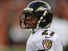 Ray Rice of the Baltimore Ravens warms up prior to the game against the Denver Broncos at Sports Authority Field at Mile High on September 5, 2013. (Dustin Bradford/Getty Images/AFP)