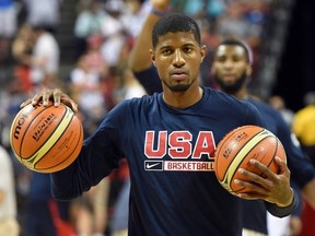 Paul George #29 of the 2014 USA Basketball Men's National Team warms up before a USA Basketball showcase at the Thomas & Mack Center on August 1, 2014 in Las Vegas, Nevada.  (Ethan Miller/Getty Images/AFP)