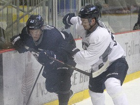 Winnipeg Jets forward Nikolaj Ehlers (left) and defenceman Josh Morrissey tangle during NHL rookie practice. (Brian Donogh/Winnipeg Sun)