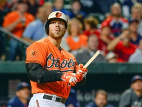 Baltimore Orioles batter Chris Davis is left holding the bat handle while watching the barrel fly into the stands in Baltimore, Maryland September 28, 2013. (REUTERS/Doug Kapustin)