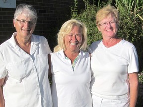 A ladies’ team from the Sarnia Lawn Bowling Club placed third at the Ontario Novice Triples Lawn Bowling Championships, held in Sarnia on Sept. 6-7. Sue MacDonald, left, Sandy Symes and Mary Winter received the bronze medals. SUBMITTED PHOTO