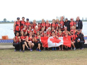 London's Rowbust dragon boat team took home three gold medals at the sport's world championships in Ravenna, Italy, earlier this month. Here, the team celebrates after their victory in the 2KM race. The breast cancer survivors also took home gold in the 200-metre and 500-metre events. SUPPLIED PHOTO?