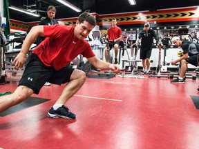 Matt Puempel does the lateral shuffle during fitness testing at the Senators rookie camp at Canadian Tire Centre on Thursday. (Errol McGihon/Ottawa Sun/QMI Agency)
