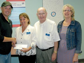Tillsonburg Senior Centre was one of three recipients of a capital grant from Cold Spring Farms (Maple Leaf Foods) endowment fund in Thamesford Thursday morning. The organization received $1,150 that will be used to provide a series of nutrition workshops for the centre's members. From left, plant manager Shawn Wedow presented the funds to Karen Rohrer, program coordinator, and Gerry Carter, past president, with donor advisory committee chair/executive assistant Jean Carson. (Jennifer Vandermeer/QMI Agency)
