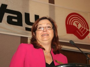 Carrie Batt, chair of the 2014 United Way campaign, addresses Friday morning's kick-off breakfast at the Ambassador. The goal is $3,481,000. FRI., SEPT. 12, 2014 KINGSTON, ONT. MICHAEL LEA\THE WHIG STANDARD\QMI AGENCY