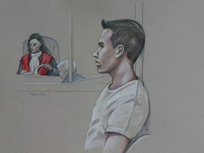 An artist's sketch shows Luka Rocco Magnotta, appearing in court for his preliminary hearing in Montreal, in this March 11, 2013 file photo. Jury selection for the trial of Magnotta, accused of murdering and dismembering a Chinese student in Montreal in 2012 began September 8, 2014 and the defense said finding 14 impartial jurors will be difficult but not impossible.  The trial, set to begin once 12 jurors and two alternates can be selected from 1,600 potential candidates, is expected to be one of the most grisly and sensational murder trials in Canadian history.  REUTERS/Atalante/Files (CANADA - Tags: CRIME LAW)