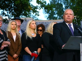 A tearful Councillor Doug Ford speaks to media at his mothers house on Sept. 12, 2014. (Dave Abel/Toronto Sun)