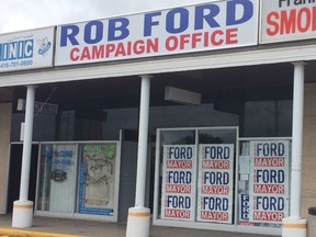 Rob Ford campaign headquarters in the Wexford Plaza at Lawrence and Warden Aves. in Scarborough on Sept. 13, 2014. (Chris Doucette/Toronto Sun)