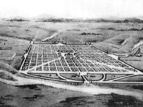 An artist’s "mis-conception" of the townsite at Bow City, prepared by architects Edouard Frere Champney (1874-1929) and Augustus Warren Gould (1872-1922) in about 1910. The Gould and Champney concept is based upon the original survey of the Bow City townsite in 1910. Source: Architecture and Allied Arts Library, University of Oregon Libraries.