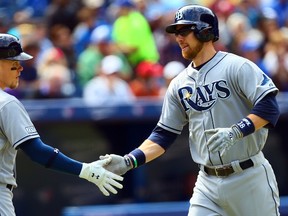 Brandon Guyer #5 and Ben Zobrist #18 of the Tampa Bay Rays celebrate Zobrist's home run in the third inning against the Toronto Blue Jays during MLB action at the Rogers Centre September 14, 2014 in Toronto, Ontario, Canada.  (Abelimages/Getty Images/AFP)