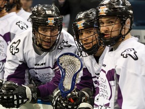 Edmonton forward Mark Matthews (left) speaks on the bench with forwards Jarrett Davis (centre) and Curtis Knight before the Edmonton Rush play the Vancouver Stealth at Crystal Glass Field at Rexall Place in Edmonton, Alta., on Friday, April 25, 2014. The Rush held a Tribute to the Stollery Night on Friday where Captain Canada, and former Edmonton Oiler, Ryan Smyth attended and the team wore special jerseys. Ian Kucerak/Edmonton Sun/QMI Agency