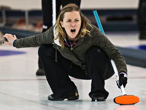 Skip Chelsea Carey calls the play against Team Sweeting during the HDF Insurance Shoot-out final at the Saville Centre in Edmonton, Alta., on Sunday, Sept. 14, 2014. Codie McLachlan/Edmonton Sun/QMI Agency