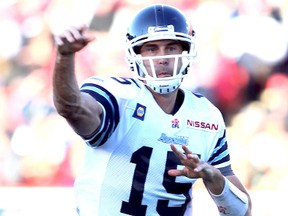 Argonauts QB Ricky Ray picks apart the Stamps defence during the first half of Saturday night’s game in Calgary. It was a different story for the Argos in the second half. (Darren Makowichuk/QMI AGENCY)