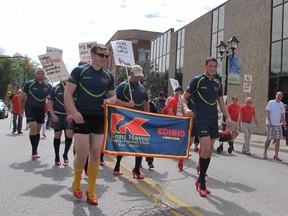 Members of the Kent Havoc Rugby Football Club took part in the Walk A Mile In Her Shoes event in downtown Chatham on Sept. 14. The fundraiser for the Chatham-Kent Women's Centre asks men to wear red high heels and a walk a mile in them.