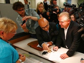 Doug Ford (R) signs documents needed to run for mayor at City Hall in Toronto September 12, 2014. REUTERS/Mark Blinch