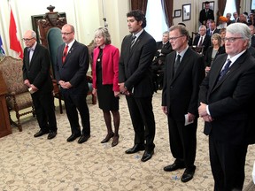 (left to right) New Alberta Premier Jim Prentice introduces new his new cabinet members Stephen Mandel, Maureen Kubinec, Stephen Khan, Gordon Dirks, and David Dorward at Government House, in Edmonton Alta., on Monday Sept. 15, 2014. David Bloom/Edmonton Sun