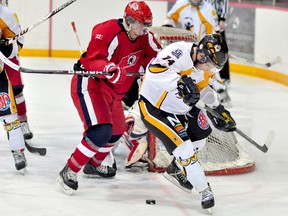 Defenceman Shawn Tessier, in action last season with the North Bay Trappers of the Northern Ontario Junior Hockey League, was acquired by the Kingston Frontenacs from the North Bay Battalion on Monday. (QMI Agency)