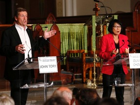 Mayoral candidates John Tory and Olivia Chow debate at St. Andrew's Church in Toronto on Monday, September 15, 2014. (Craig Robertson/Toronto Sun)