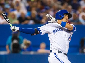 Second baseman Ryan Goins was the only left-handed hitter in the Jays lineup on Monday night. (QMI AGENCY)