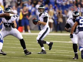 Philadelphia Eagles quarterback Nick Foles throws a pass against the Indianapolis Colts at Lucas Oil Stadium on September 15, 2014. (Brian Spurlock/USA TODAY Sports)