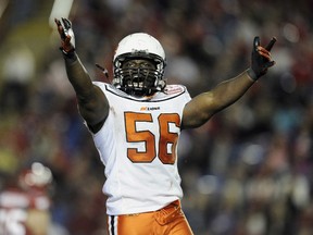 BC Lions' Solomon Elimimian celebrates after sacking Calgary Stampeders quarterback Henry Burris on September 25, 2010. (REUTERS/Todd Korol)