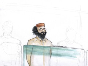 Sketch of Hiva Mohammed Alizadeh from courtroom appearance of Ottawa terrorism suspects Alizadeh and Misbahuddin Ahmed on Aug. 27, 2010.  (Sarah Wallace for the QMI Agency)