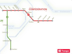 A map of how the O-Train rail network will look in 2018. The existing north-south diesel train service will be rebranded the Trillium Line.