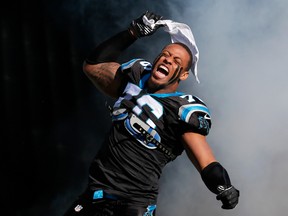 Greg Hardy #76 of the Carolina Panthers runs onto the field during player introductions against the San Francisco 49ers during the NFC Divisional Playoff Game at Bank of America Stadium on January 12, 2014 in Charlotte, North Carolina. (Kevin C. Cox/Getty Images/AFP)