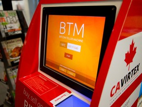 A bitcoin transfer machine, where bitcoins can be converted into Canadian cash, sits in the entrance of the Gateway Newstand inside the Talbot Centre in London Wednesday. (CRAIG GLOVER/The London Free Press)