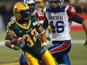 Kendial Lawrence, shown here in action against Montreal Sept. 12, played two games for the Hamilton Tiger-Cats last season in his first stint in the league. (Ian Kucerak, Edmonton Sun)