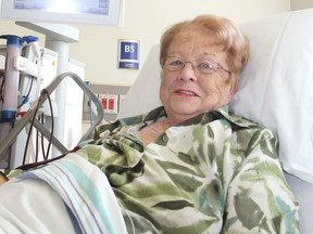 Marion Hill receives dialysis at the Kingston General Hospital renal unit three times a week after her remaining kidney failed five years ago. A walk to support the Kidney Foundation of Canada will be held on Sunday. (Michael Lea/The Whig-Standard)