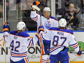 Mitchell Moroz celebrates his overtime goal against the Canucks rookies last Friday in Penticton, B.C. at the Young Stars Tournament. (Al Charest, QMI Agency)