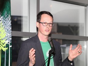 Gino Donato/The Sudbury Star  
Laurentian University’s new School of the Environment's inaugural director, Brett Buchanan, talks at a press conference launching the new school yesterday at Fromagerie Elgin.