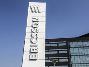 The logo of Swedish telecom giant Ericsson is pictured in Lund, Southern Sweden, on Sept. 18, 2014.  (AFP PHOTO/TT NEWS AGENCY/STIG-AKE JONSSON)