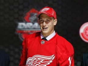 Anthony Mantha tries on a Detroit Red Wings jersey after being selected by the Red Wings as the 20th overall pick. (REUTERS/Brendan McDermid)