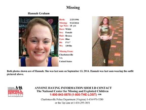 Hannah Graham, 18, a University of Virginia student missing since the weekend, is shown in this missing persons poster released by Charlottesville Police Dept. in Charlottesville, Virginia September 18, 2014. (REUTERS/Charlottesville Police Dept./Handout)
