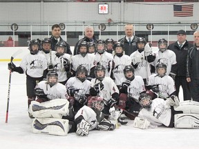 Front Row: (Goalies) Jacob Vancoillie, Carson Nogueira; 2nd Row: Ben Church, Logan Houle, Andrew Goulet, Maclean Norris, Declan Waddick; 3rd row: Braden Twigg, Harrison Oickle, Daniel Norton, Austin Drew, Ethan Waddick, Ryan Holly,Aidan Wheeler, Ryder Polowick, Karter Koopmans, Brenden McKay; Back: Coaches Brad Twigg, Ryan Goulet, Greg Drew, Scott Norris, Jaymee Houle.