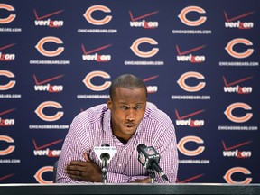 Chicago Bears receiver Brandon Marshall speaks to the media about his past, domestic violence, and media coverage of the issue at Halas Hall on September 18, 2014. (Scott Olson/Getty Images/AFP)