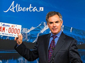 Alberta Premier Jim Prentice speaks about the licence plate situation at the Alberta Legislature Building in Edmonton, Alta., on Thursday, Sept. 18, 2014. Prentice said there will be no new licence plates. Codie McLachlan/Edmonton Sun