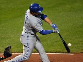 Blue Jays pinch-hitter Kevin Pillar doubles in the seventh inning against the Baltimore Orioles on Wednesday. The Jays managed just five runs en route to being swept in the three-game series. (Joy R. Absalon-USA TODAY Sports)