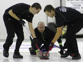 Skip Don Bowser throws a rock during his opening match against Peter de Cruz at the AJM Campbell Shorty Jenkins Classic in Brockville on Thursday. Bowser went on to defeat de Cruz 6-3. (Eric Healey/QMI Agency)