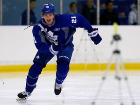 James van Riemsdyk does his skating test during Leafs training camp at the Mastercard Centre in Toronto on Friday September 19, 2014. Dave Abel/Toronto Sun/QMI Agency