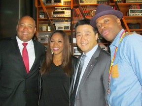 From left: Tourism, Culture and Sport Minister Michael Coteau, singer Divine Brown, Liberal MPP Han Dong and rapper/music producer Kardinal Offishall at the Drake Hotel on Friday, Sept. 19 2014. (ANTONELLA ARTUSO/Toronto Sun)