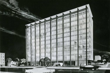 This architects' drawing of the proposed Union Carbide head office building to be erected on Eglinton Ave. E. appeared in the Toronto newspapers exactly 57 years ago. It was quite a spectacular structure for a city that had very few modern structures and not even one condo tower.