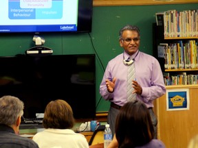 Dr. Edward P. Rawana gives a lecture to and answers questions from Valleyview Public School’s teachers during a visit to the school on Friday, Sept. 19.