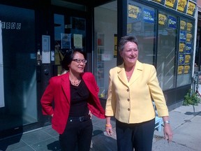 Mayoral candidate Olivia Chow meets up with Janet Davis as the Ward 31 Beaches-East York candidate launched her re-election campaign. (Kevin Connor/Toronto Sun)