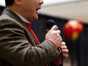Edmonton-McClung Progressive Conservative MLA David Xiao speaks during Lunar New Year celebrations organized by the Edmonton Chinese Bilingual Education Association at City Centre Mall in Edmonton, Alta., on Saturday, February 16, 2013. The celebrations brought dancers, musicians, performers and community members together to recognize the Year of the Snake. Ian Kucerak/Edmonton Sun/QMI Agency