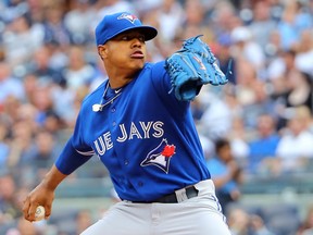 Toronto Blue Jays starting pitcher Marcus Stroman (54) pitches during the first inning against the New York Yankees at Yankee Stadium on Sep 20, 2014; Bronx, NY, USA (Anthony Gruppuso/USA TODAY Sports)
