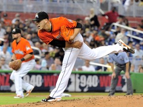 Miami Marlins starting pitcher Jose Fernandez (16) throws during the fifth inning against the Los Angeles Dodgers at Marlins Ballpark on May 4, 2014; Miami, FL, USA. (Steve Mitchell/USA TODAY Sports)