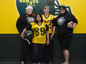 Adrienne Dudek (left), Tara Buzahora, Jennifer Keith and Christine O'Donnell are preparing for their Winnipeg Nomads Wolfpack training camp Oct. 5, 2014.